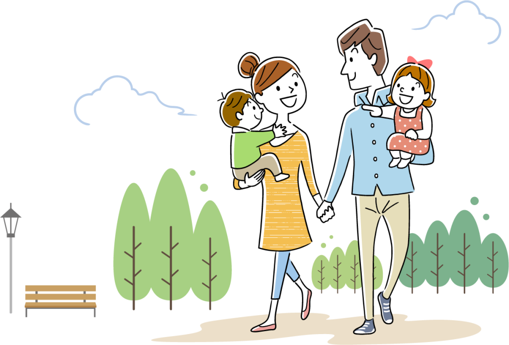 公園を歩く4人家族のイラスト